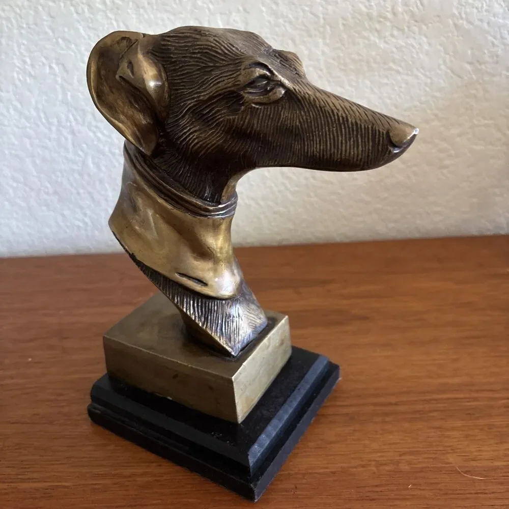 Vintage Brass Greyhound Bust Sculpture Wood Base Whippet Dog Bookend 8”
